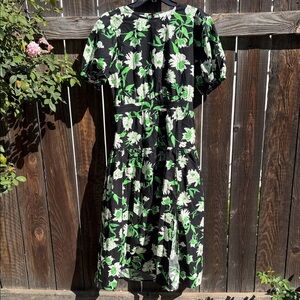 MELLODAY Tropical Print Puff Sleeve Midi Dress.size L. NWOT